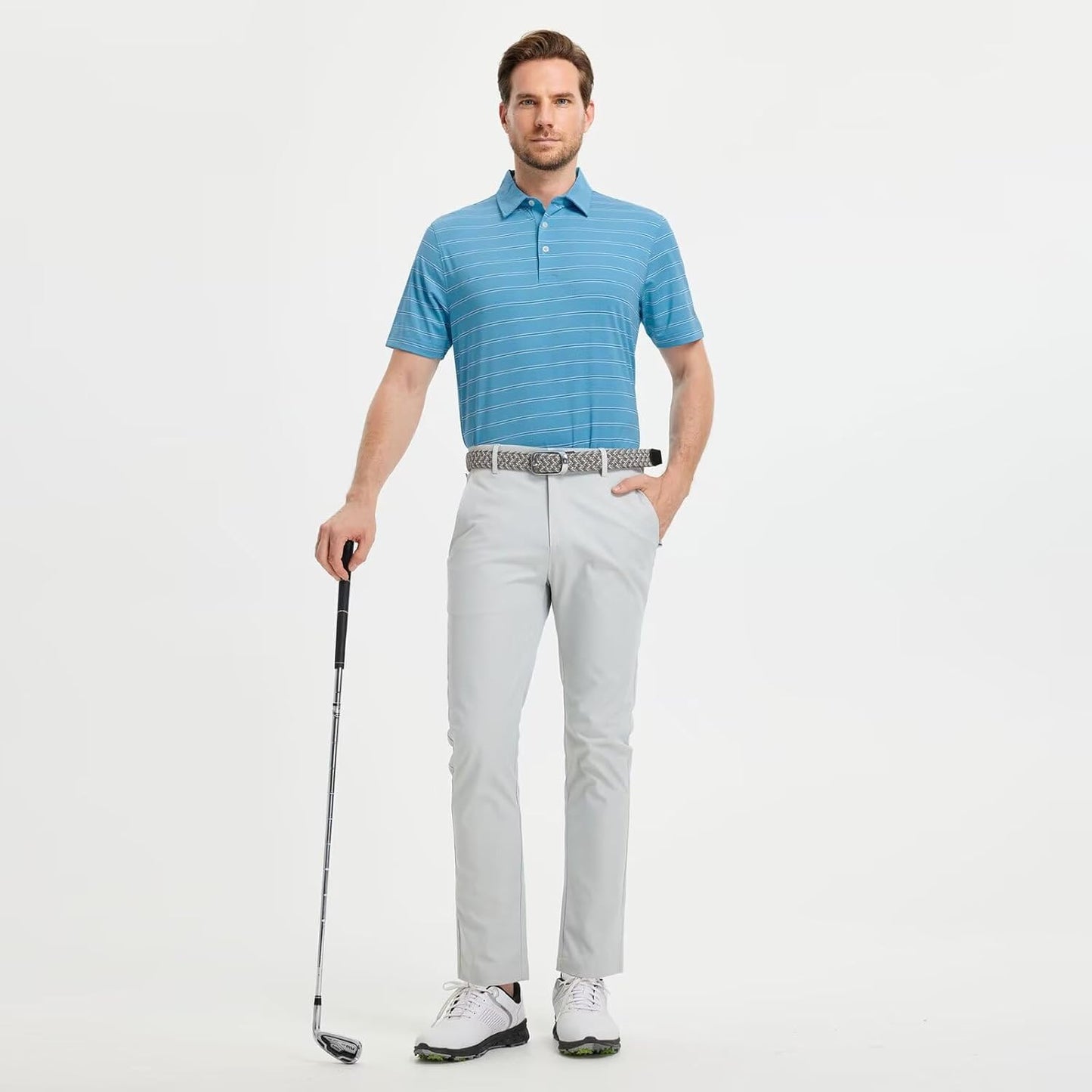 M MAELREG Golf Shirts for Men Moisture Wicking Striped Polo Performance Dry Fit Business Sports Mens Polo Shirts Short Sleeve