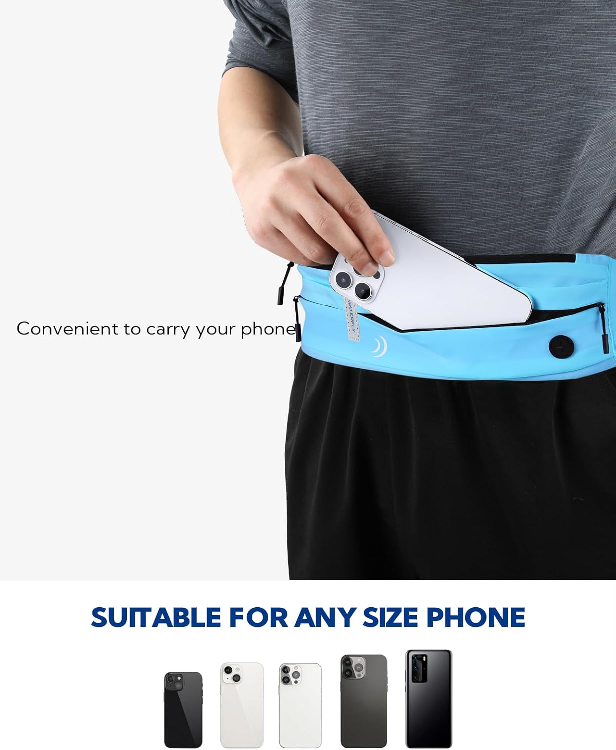 WATERFLY Running Belt Fanny Pack: Runner Marathon Jogging Waist Pack Sport Workout Exercise Fitness Phone Holder Belt for Men Women Jogger Slim Waistband