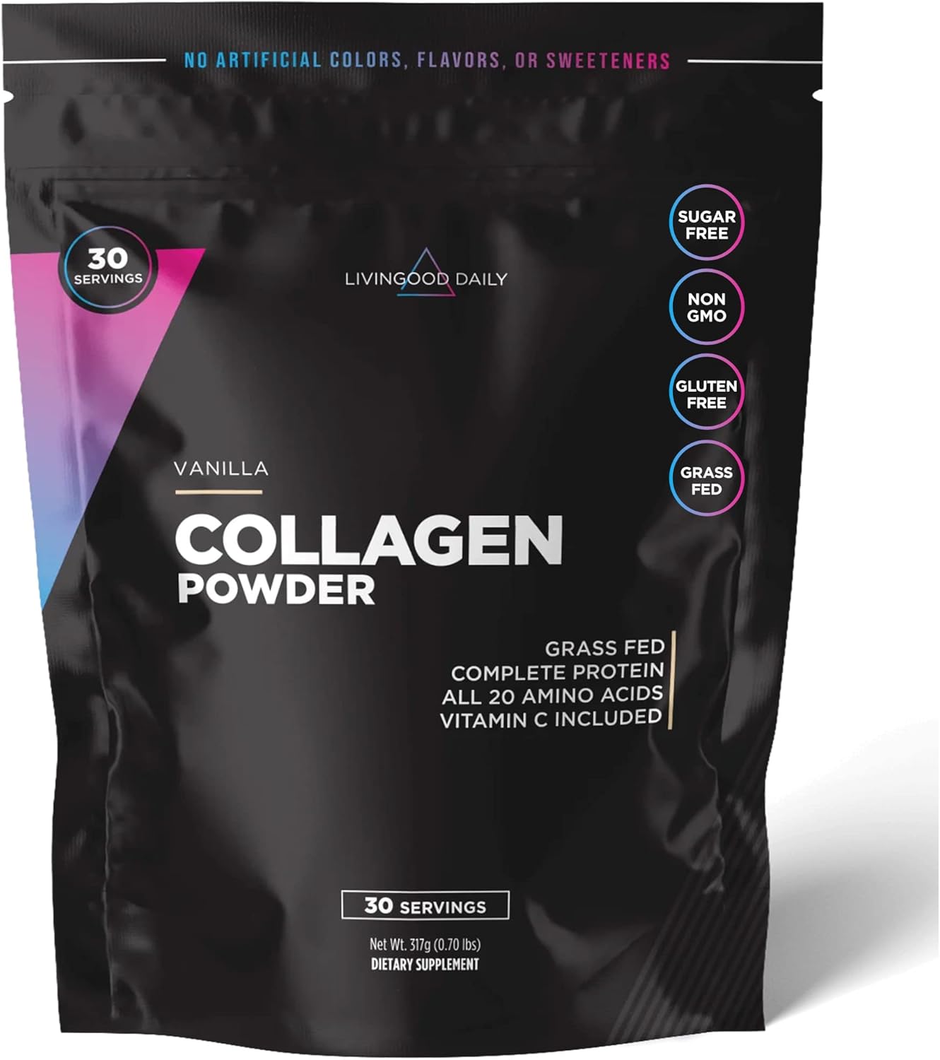 Livingood Daily Vanilla Collagen Powder for Women & Men, Hydrolyzed Collagen Peptides Powder with Vitamin C, Protein with 20 Amino Acids, Type I & III, Grass Fed, Keto, Paleo, Gluten Free, 30 Srvgs