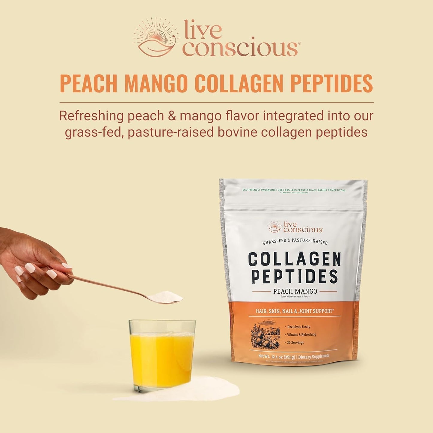 Live Conscious Collagen Peptides Powder - Peach Mango Flavored Collagen Powder - Hair, Skin, Nail, & Joint Support - Type I & III Grass-Fed Collagen Supplements for Women and Men (2-Pack)