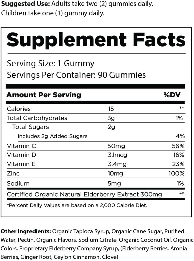 The Elderberry Co. Extra Strength Elderberry Gummies with Vitamins C, D,E and Zinc for All-Natural Immune Support, No Artificial Ingredients (90 Count)