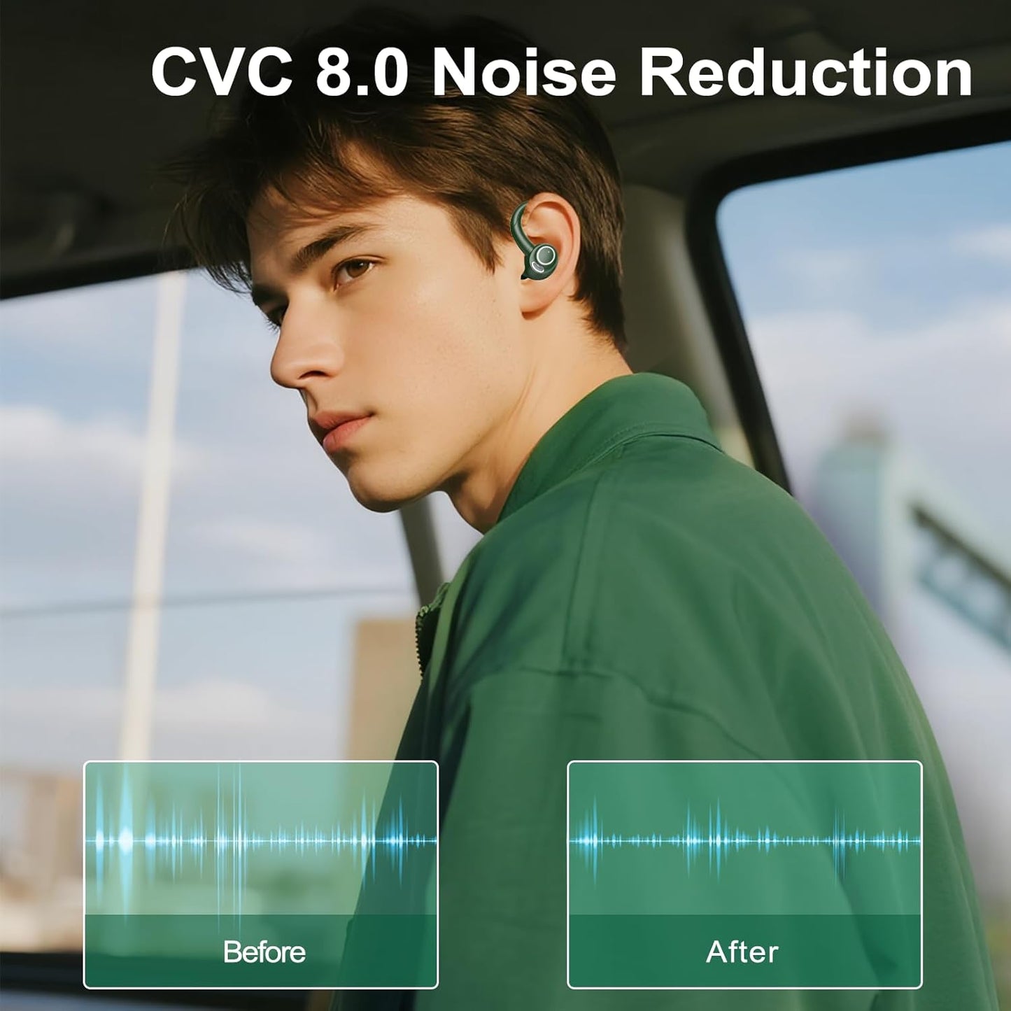 Wireless Earbuds Bluetooth 5.3 Headphones Sports, 48Hrs Playtime Bluetooth Earbuds with CVC 8.0 Mic, Stereo Bass Over Ear Bud with Earhooks, LED Display, IP7 Waterproof Earphon for Running Green