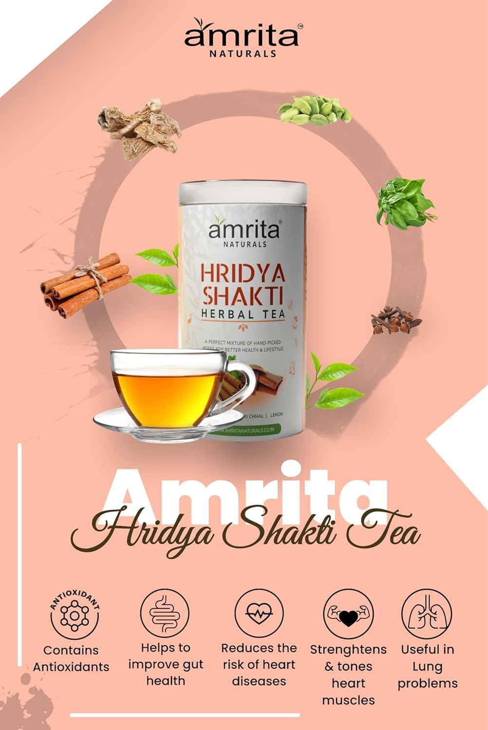 Amrita Naturals Hridya Shakti Herbal Tea - Gluten-Free, Vegan, Natural Instant Arjun Bark Hridyashakti Tea with No Artificial Colors & Flavors - 0.55 lb - 250 Gram