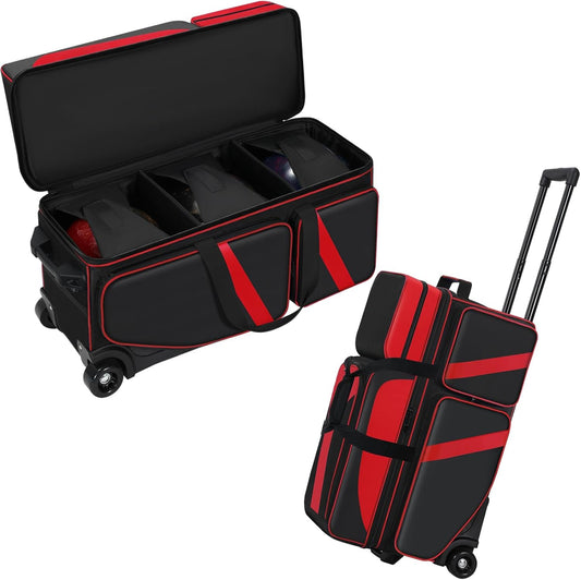 3 Ball Bowling Bag with Wheels, Bowling Bag 3 Ball Roller with Shoe Compartment (Fits Up to Size 16), with Multi-pocket and Retractable Handle Extends to 41.5"
