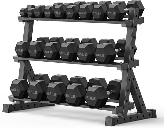 PAPABABE Hex Dumbbell Set with Rack, Rubber Encased Free Weight with Weight Storage Racks, Multiple Weight Options for Home Gym and Fitness