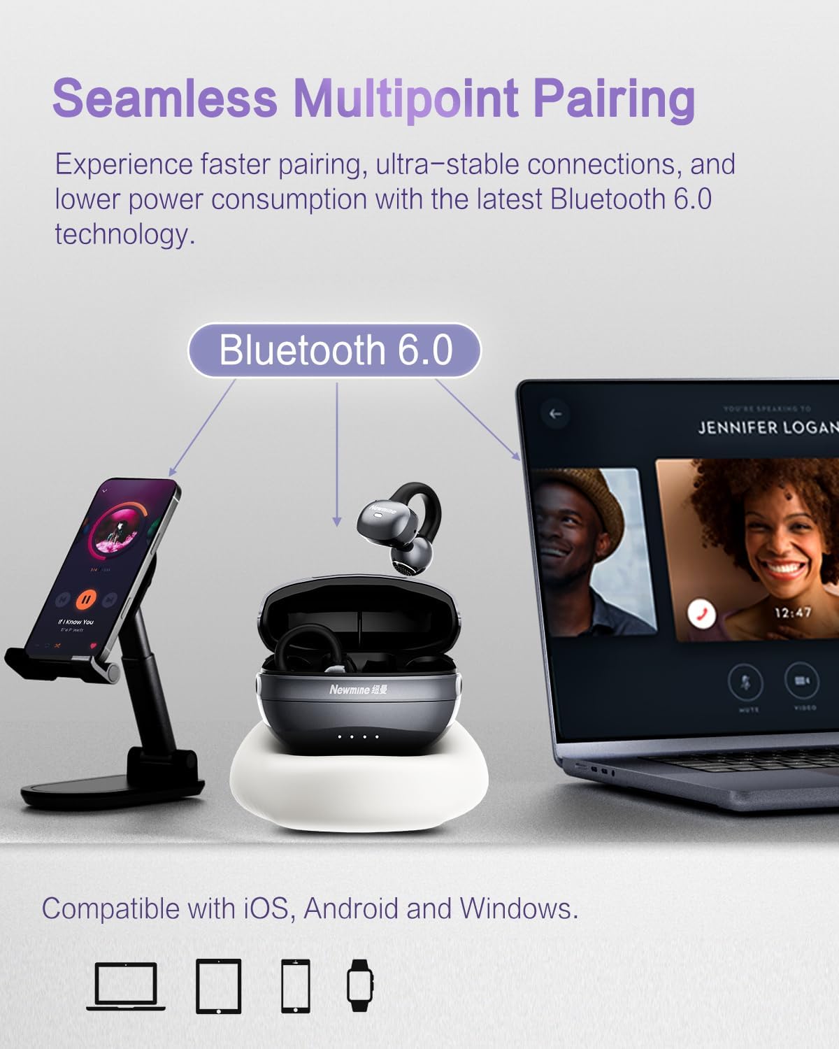 A50 Clip on Earbuds, Bluetooth 6.0 Wireless Open Ear Headphones w/5.3g Weightless Comfort,48H Playtime,3D Soundstage,Clear Call Mics,IPX5,Multipoint Connection,Fit for Workout Running Black