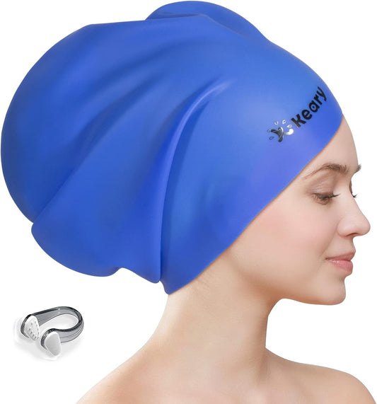Keary Extra Large Swim Cap for Braids and Dreadlocks Extensions Weaves Long Hair, Waterproof Silicone Cover Ear Bath Pool Shower Swimming Cap for Adult Youth to Keep Hair Dry, Easy to Put On and Off
