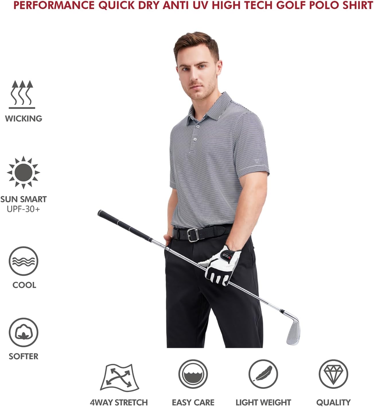 Men's Golf Polo Shirts Short Sleeve Striped Performance Moisture Wicking Dry Fit Golf Shirts for Men