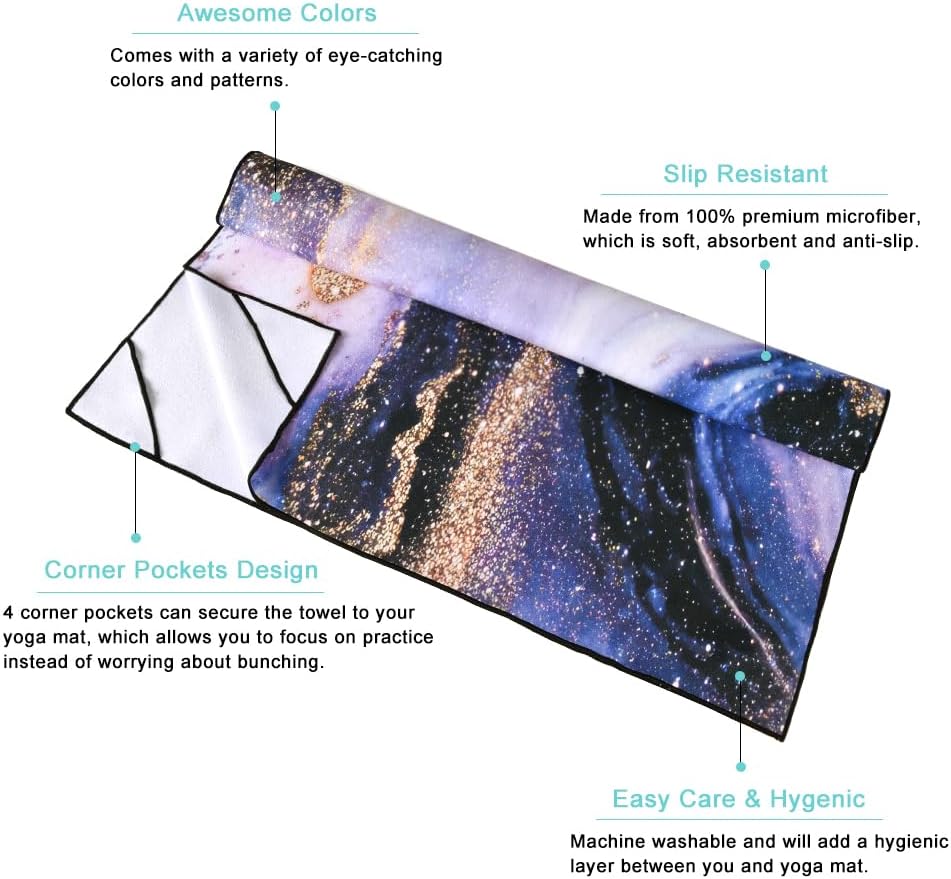 QiyI Yoga Mat Towel with Corner Pockets, Non Slip Sweat Absorbent Hot Yoga Towels, Soft Yoga Blankets with Travel Bag, Skidless Mat Cover for Workout, Gym, Fitness - 70"x26", Purple & Pink Grain