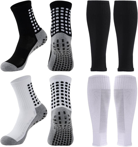2 Set Anti-Slip Grip Soccer Socks with Shin Guard Sleeves, Sports Athletic Socks for Men Women