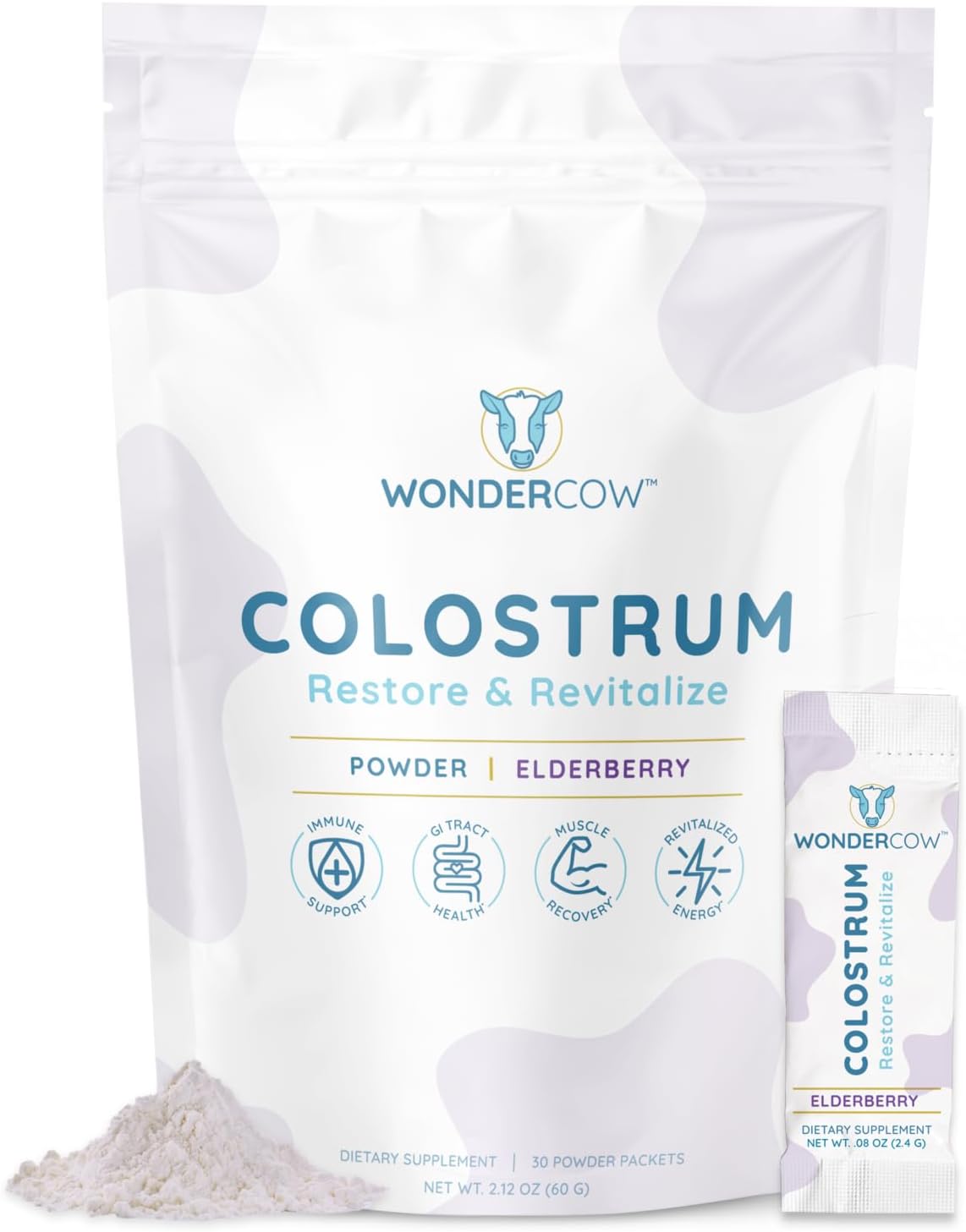 Colostrum Supplement Powder for Gut Health, Immune Support, Muscle Recovery & Wellness | Natural IgG Pure Whole Bovine Colostrum Superfood, Elderberry, 30 Servings