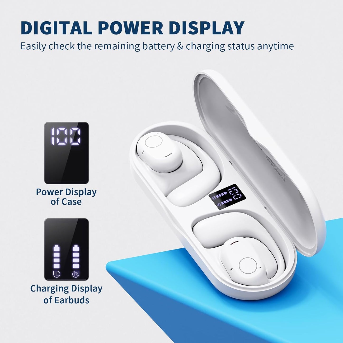 PSIER Open Ear Bluetooth Headphones, 40 Hours Playtime Bluetooth 5.3 Wireless Sports Earbuds with Digital Display Charging Case, White