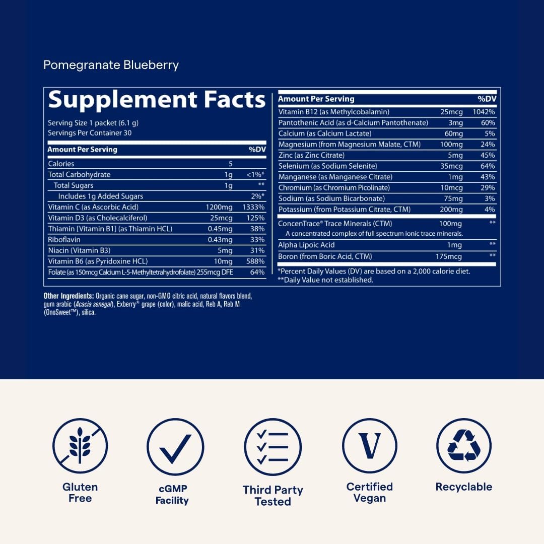 Trace Minerals Power Pak | Electrolyte + 1200mg Vitamin C, Zinc, Magnesium | Immunity, Hydration & Energy Support | Pomegranate Blueberry, Raspberry, Acai Berry | 30 ct Variety Pack