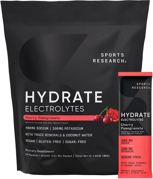 Sports Research® Hydrate Electrolytes Powder Packets - Sugar-Free & Naturally Flavored with Vitamins, Minerals, and Coconut Water - Supports Hydration - 16 Packets - Cherry Pomegranate