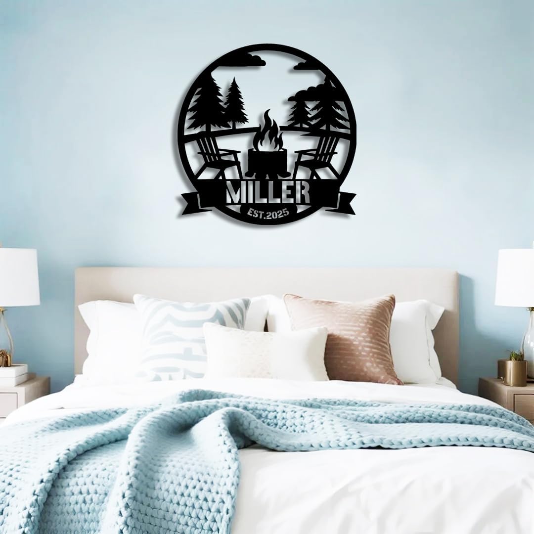 Personalized Campfire Metal Name Sign | Custom Camping Metal Signs | Family Wall Art & Split Letter Name | Wedding Gift & Anniversary | Indoor Decor Gift for Women, Men, Wife, Parents, Couple