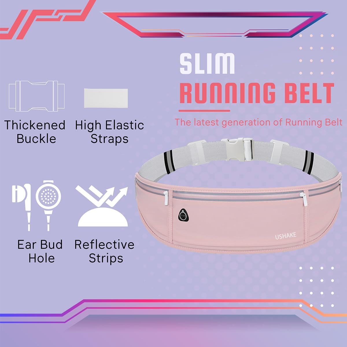 USHAKE Slim Running Belt, Workout Fanny Pack for Men Women,Exercise Waist Pack for Apple iPhone Holder, Runner Belt for Running Walking Cycling Camping Gym Light Pink