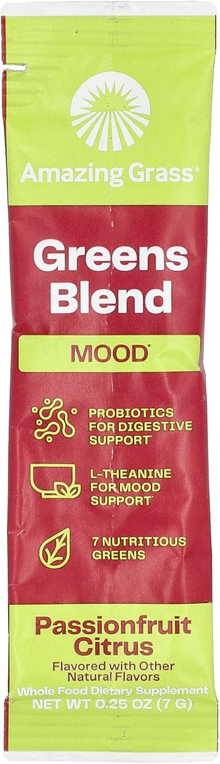Amazing Grass Greens Blend Mood: Super Greens Powder Smoothie Mix for Mood, Relaxation & Stress Support with Organic Spirulina, Chlorella, Beet Root Powder, Digestive Enzymes & Probiotics, 15 Servings