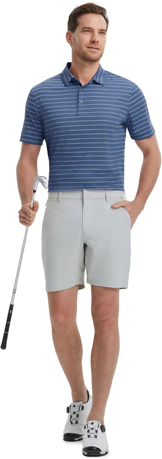 M MAELREG Mens Striped Golf Shirts Short Sleeve Silk-Like Touch Water-Resistant Breathable Soft Collared Polo Shirts for Men