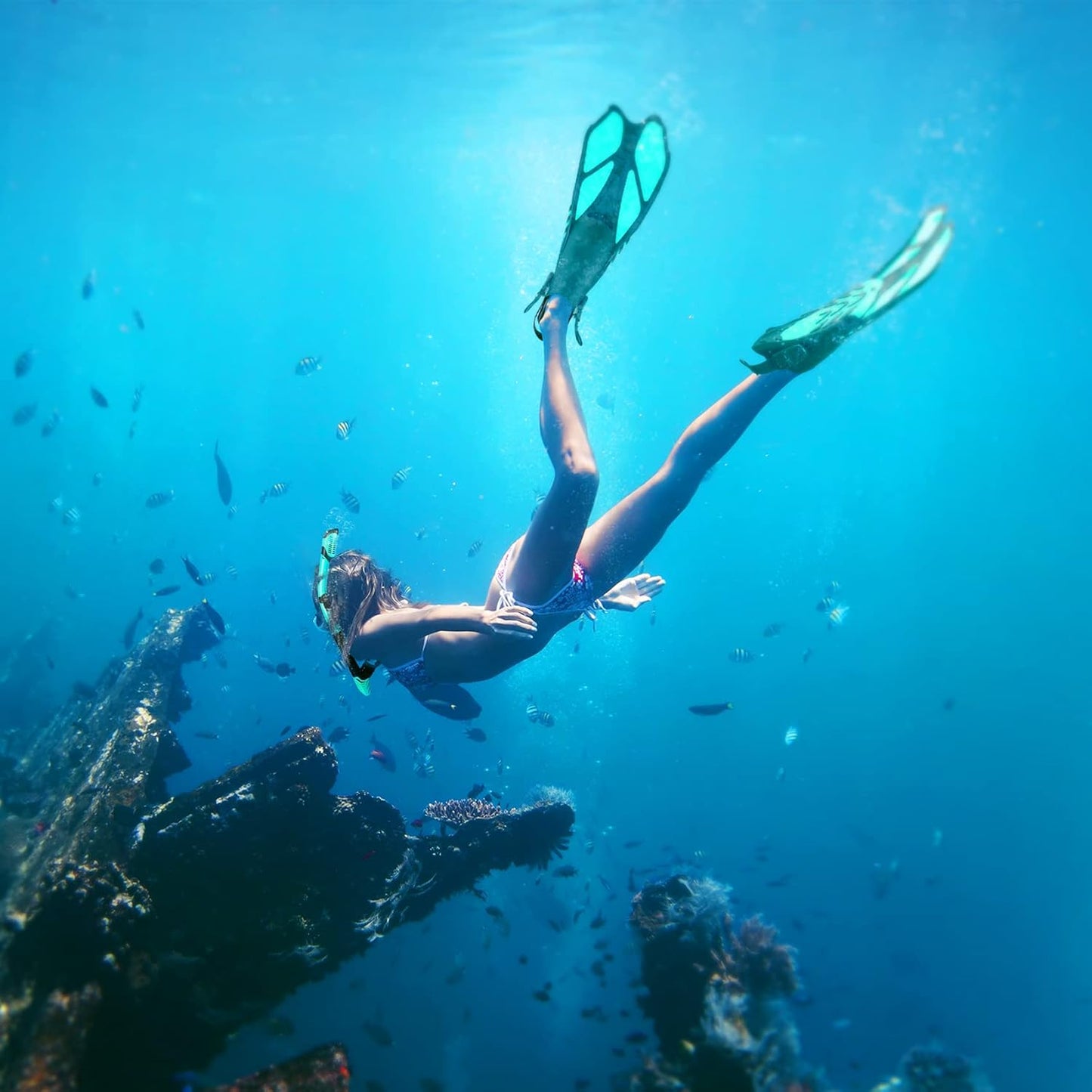 ZEEPORTE Mask Fin Snorkel Set, Travel Size Snorkeling Gear for Adults with Panoramic View Anti-Fog Mask, Trek Fins, Dry Top Snorkel and Gear Bag for Swimming Training, Snorkeling Kit Diving Packages