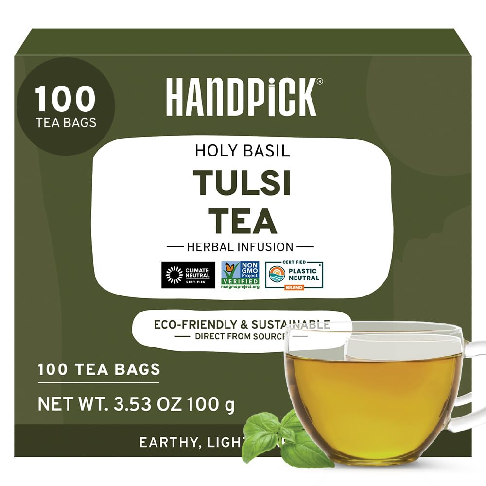 HANDPICK, Holy Basil Tea Bags (100 Count) Caffeine Free, Non-GMO Tulsi Leaves- Tulsi Tea | Round Herbal Tea Bags