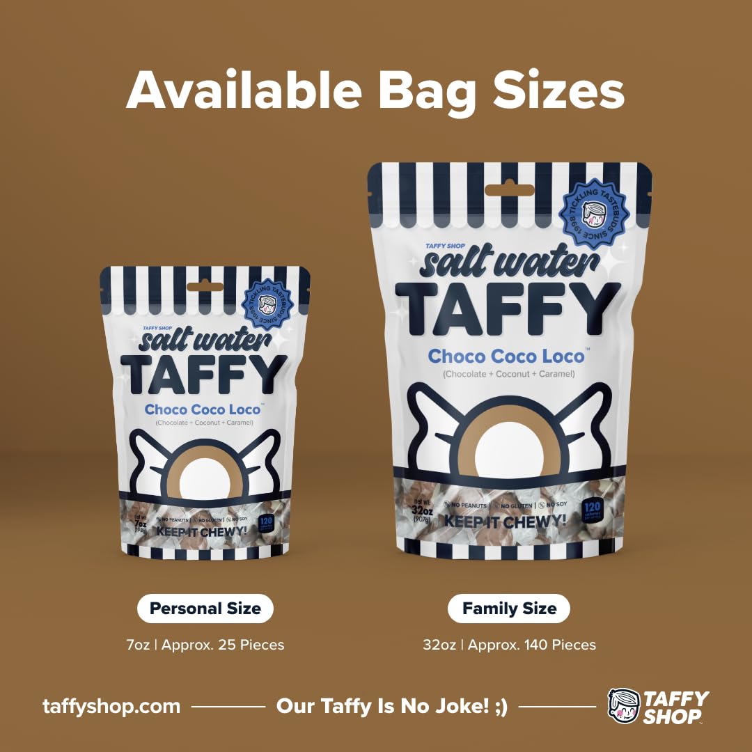 Taffy Shop Choco Coco Loco, Chocolate, Coconut, Caramel Salt Water Taffy – Gourmet Soft Chewy Candy, Bulk Sweet Snack, Fresh Gift & Gluten-Free, 35 Individually Wrapped Pieces (7oz)