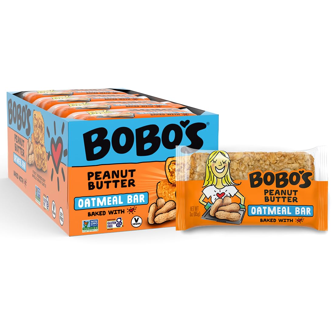 Bobo's Oatmeal Bars, Peanut Butter, Gluten Free Vegan Whole Grain Oat Bars, Pack of 12