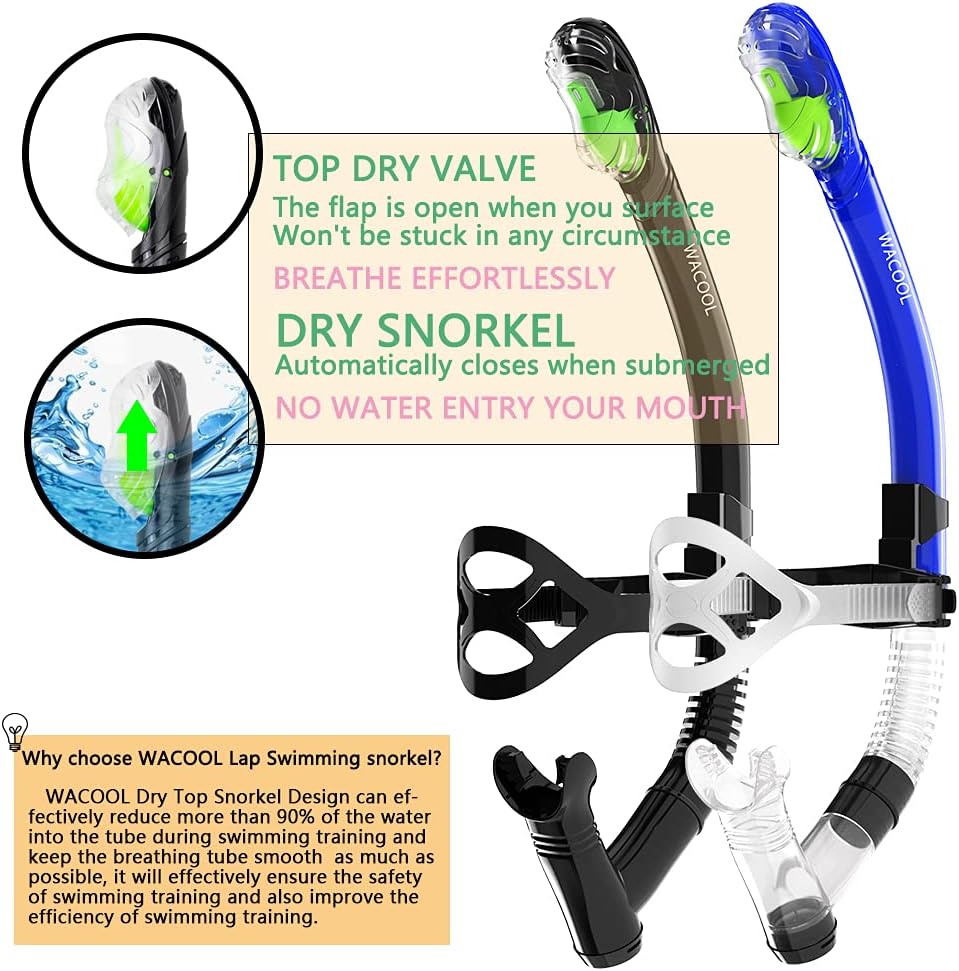 WACOOL Training Headstrap Support Dry Top Snorkel Tube Comfortable Mouthpiece One-Way Purge Valve for Pool Open Water Scuba Lap Swimming Swimmer Diving Snorkeling