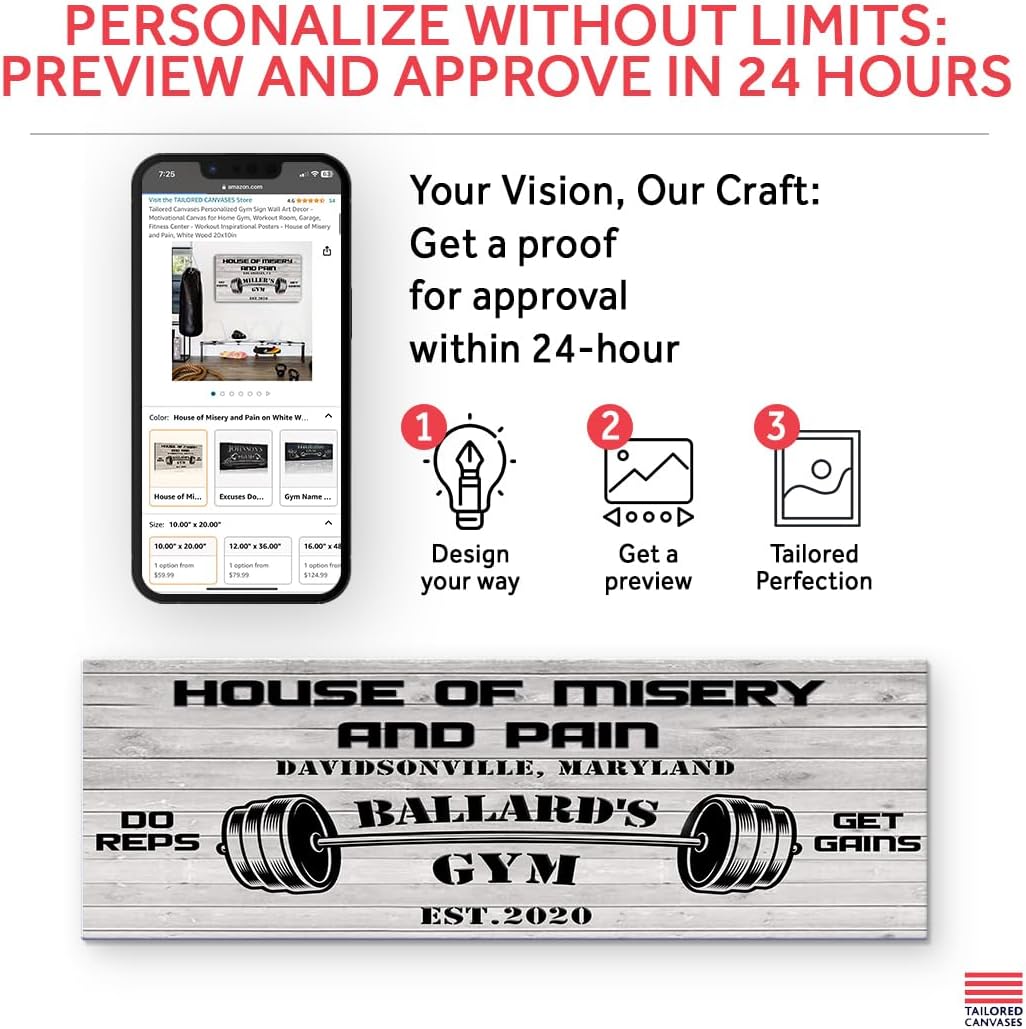 Tailored Canvases Personalized Gym Sign Wall Art Decor - Motivational Canvas for Home Gym, Workout Room, Garage, Fitness Center - Workout Inspirational Posters - House of Misery and Pain, White Wood 36x12in