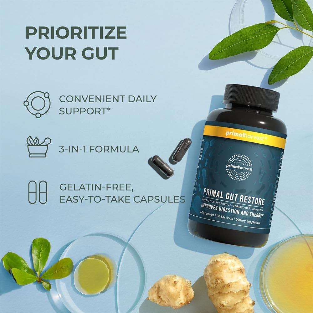 Primal Harvest 2 Pack, Restore for Gut Health, Primal Gut Restore w/POSTbiotics, PREbiotics and PRObiotics for Women and Men, 60 CT - Digestion, Colon Cleanse, Helps Leaky Gut Repair