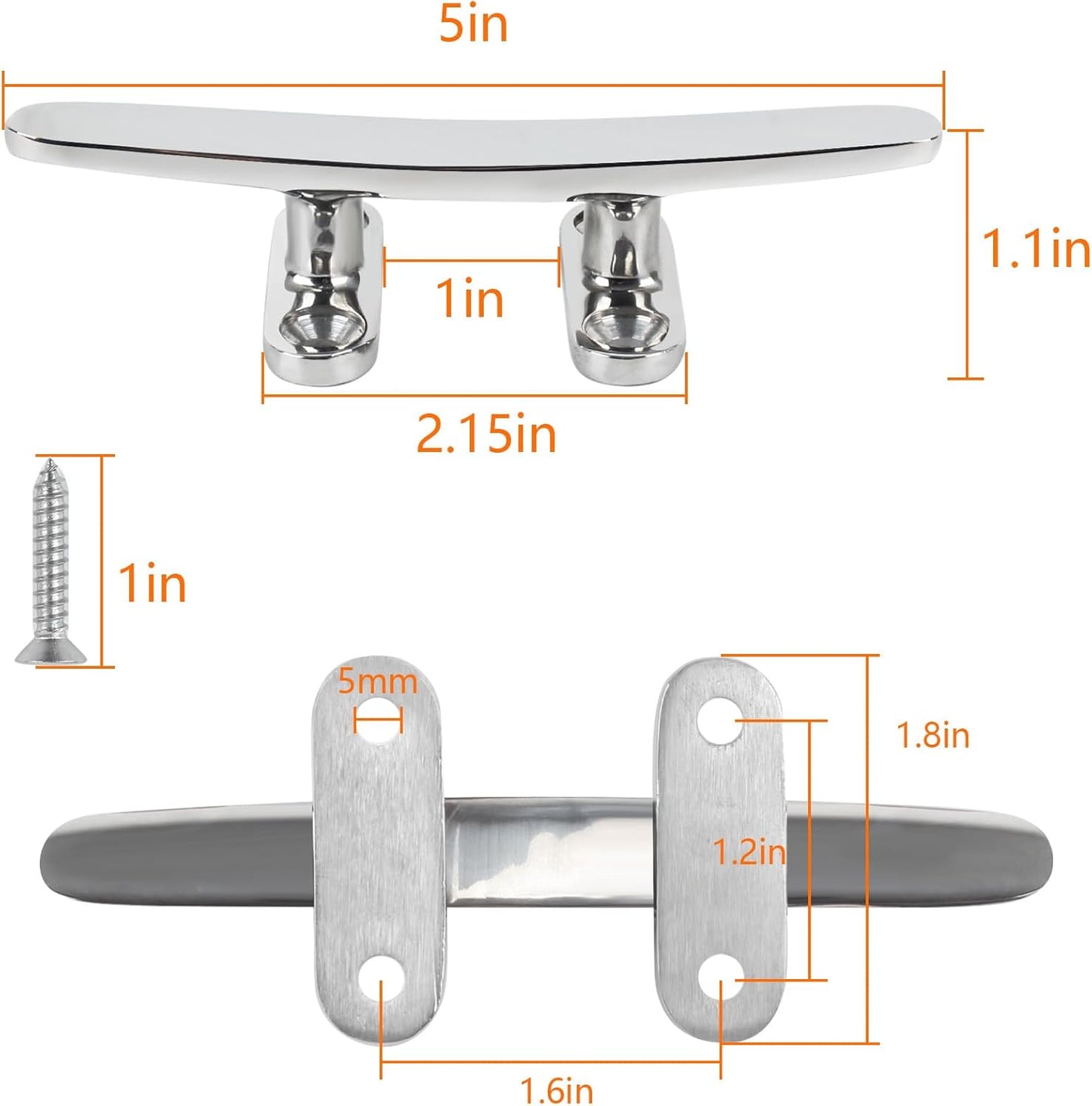ORLANG 316 Stainless Steel Boat Cleats 5 Inch/6 Inch/8 Inch (3 Size), Open Base Dock Cleats with Fasteners, Boat Dock Cleat Rope Cleat for Boat Docks, Decks or Nautical Decor (4 Pack)