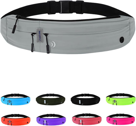 WATERFLY Running Belt Fanny Pack: Runner Marathon Jogging Waist Pack Sport Workout Exercise Fitness Phone Holder Belt for Men Women Jogger Slim Waistband