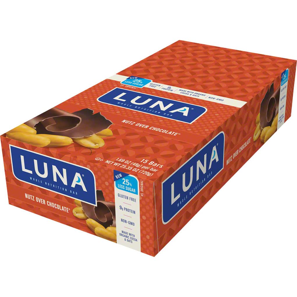 LUNA Bar - Nutz Over Chocolate Flavor - Gluten-Free - Non-GMO - 7-9g Protein - Made with Organic Oats - Low Glycemic - Whole Nutrition Snack Bars - 1.69 oz. (15 Count)