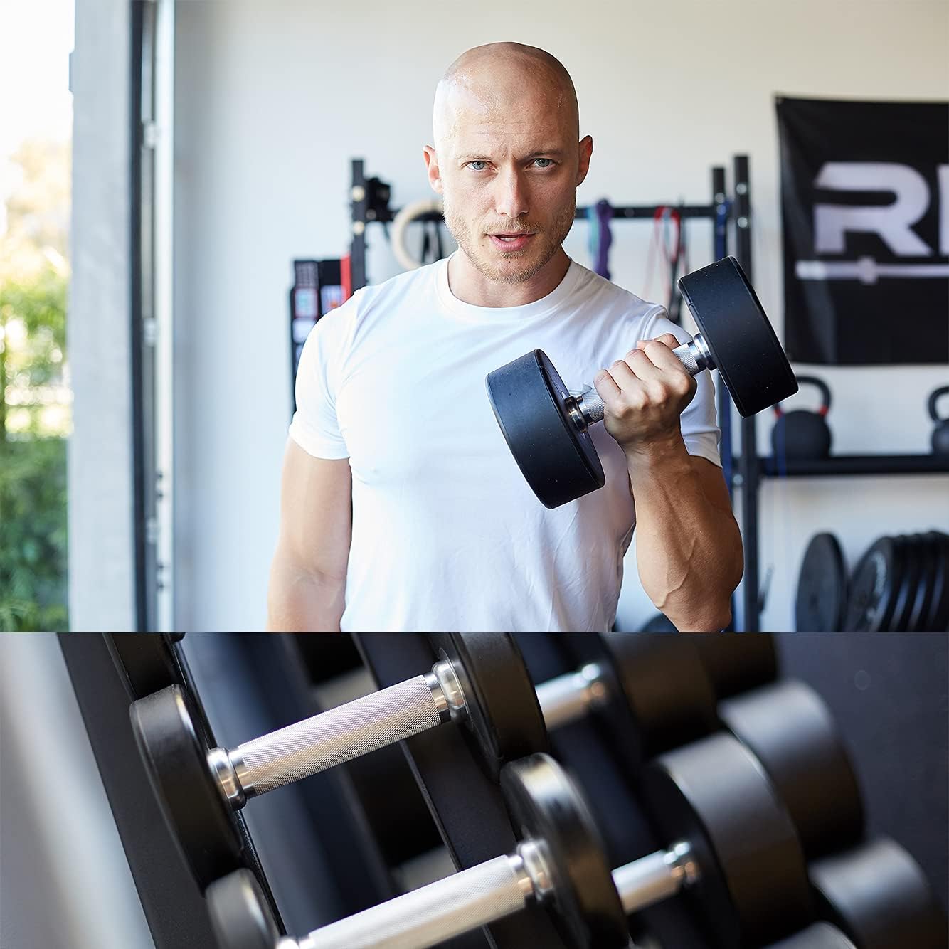 REP Fitness Urethane Coated Round Dumbbells, 5 to 100 lbs, Singles or Pairs, With or Without Rack, Steel Core, Rubber Encased, Chrome Handles, Professional Weights for Home Gym Strength Training