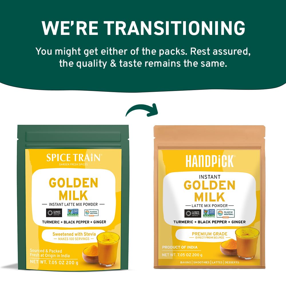 HANDPICK Golden Milk Powder with Turmeric - (7oz, 80 servings) Instant Latte Mix | Blend of Ginger, Black Pepper and Curcumin