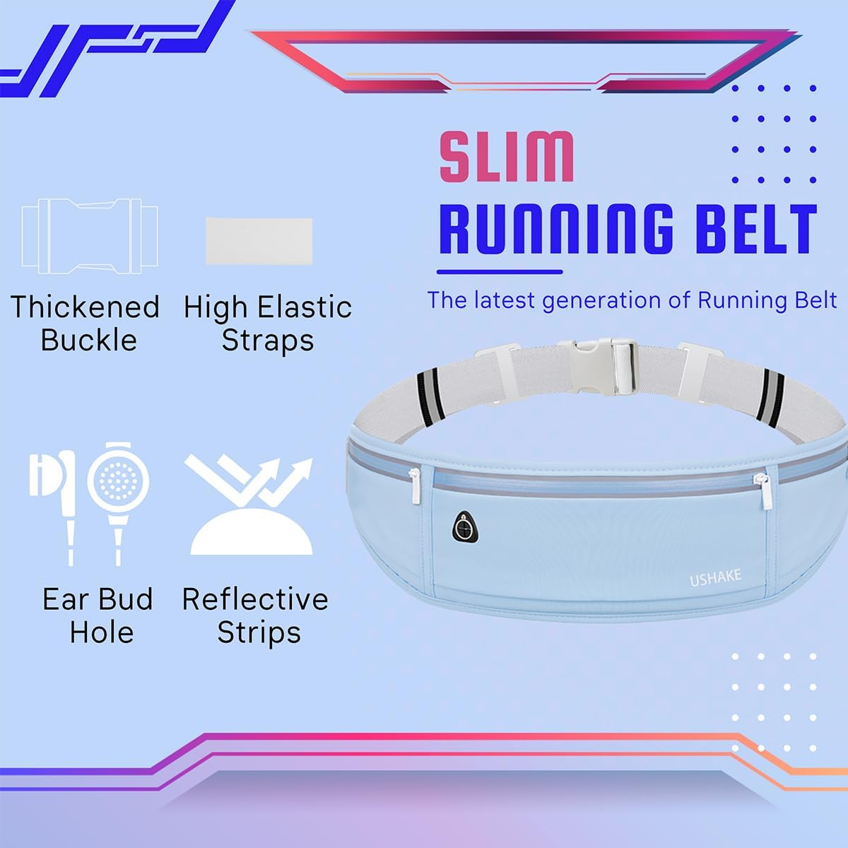 USHAKE Slim Running Belt, Workout Fanny Pack for Men Women,Exercise Waist Pack for Apple iPhone Holder, Runner Belt for Running Walking Cycling Camping Gym Light Blue