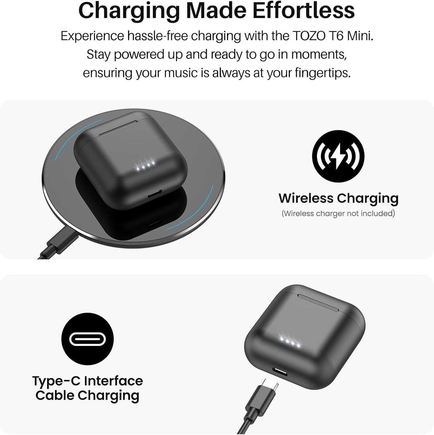 TOZO T6 Wireless Earbuds, Bluetooth 5.3 Ear Buds, Stereo Sound in Ear Headphones, 50 Hours Playtime, Wireless Charging Case, APP Customizable EQs, IPX8 Waterproof Earphones