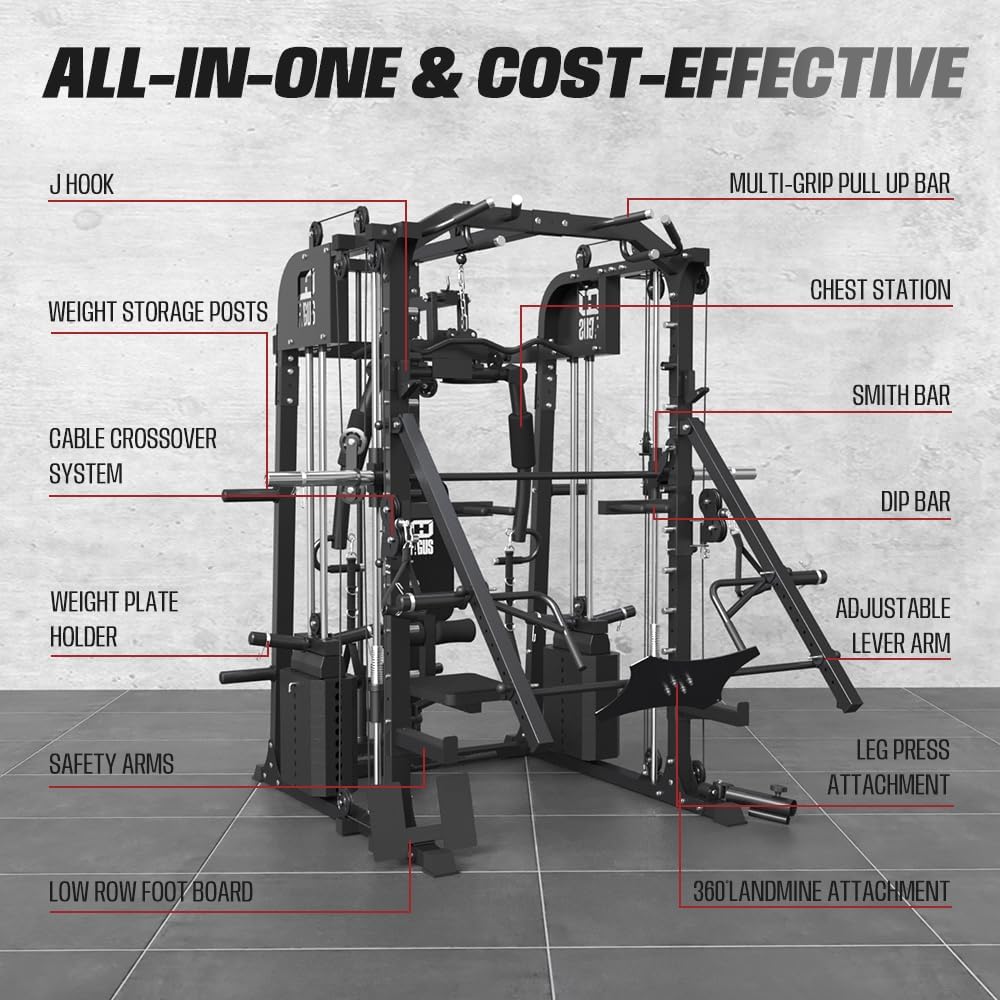 Commercial SmithMachine with Smith Bar, Home Gym Station with Dual Weight Stacks, 4000LBS Power Cage Squat Rack with Lever Arm, Leg Press, LAT Pull Down, Cable Crossover Machine for Full Body Training