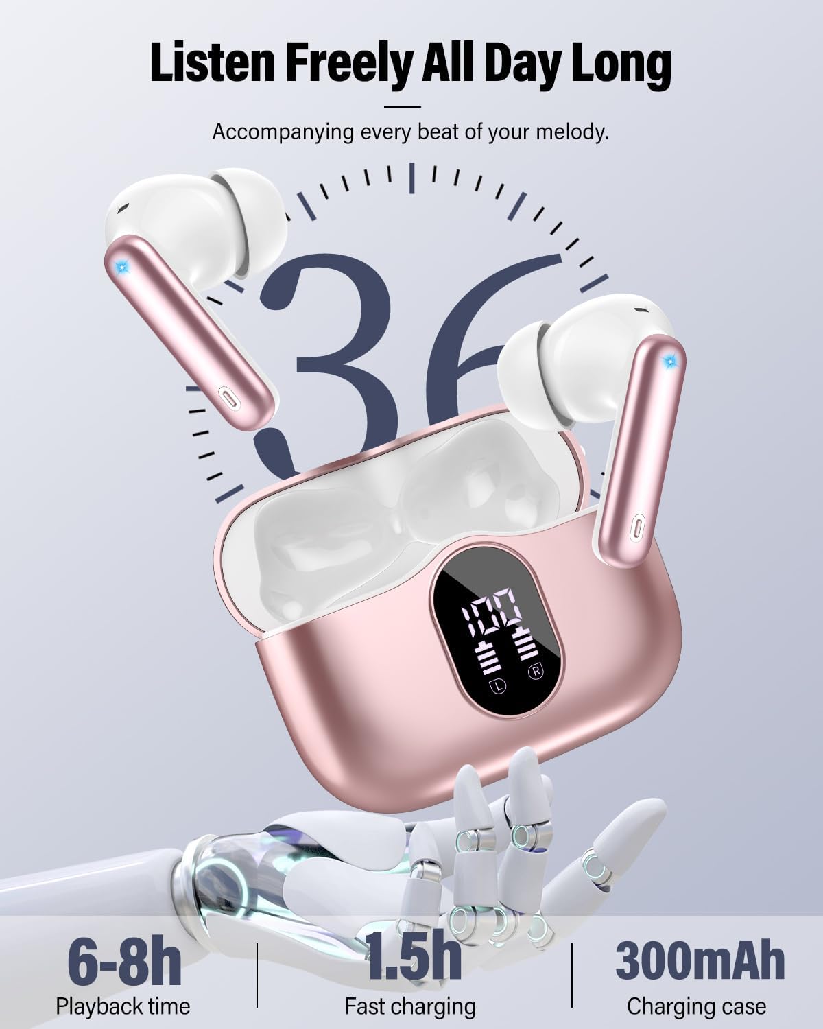 Wireless Earbuds, Bluetooth 5.4 Headphones Bass Stereo, Ear Buds with Noise Cancelling Mic, IP7 Waterproof in Ear Earphones, 36H LED Display Bluetooth Earbuds for Laptop Pad Phones Sports, Rose Gold