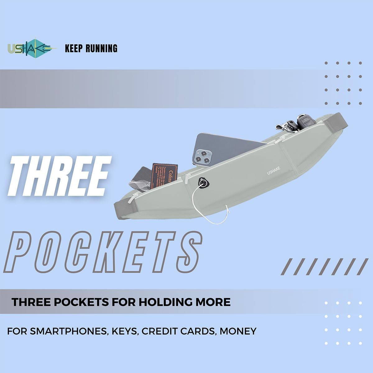 USHAKE Slim Running Belt, Workout Fanny Pack for Men Women,Exercise Waist Pack for Apple iPhone Holder, Runner Belt for Running Walking Cycling Camping Gym Light Grey