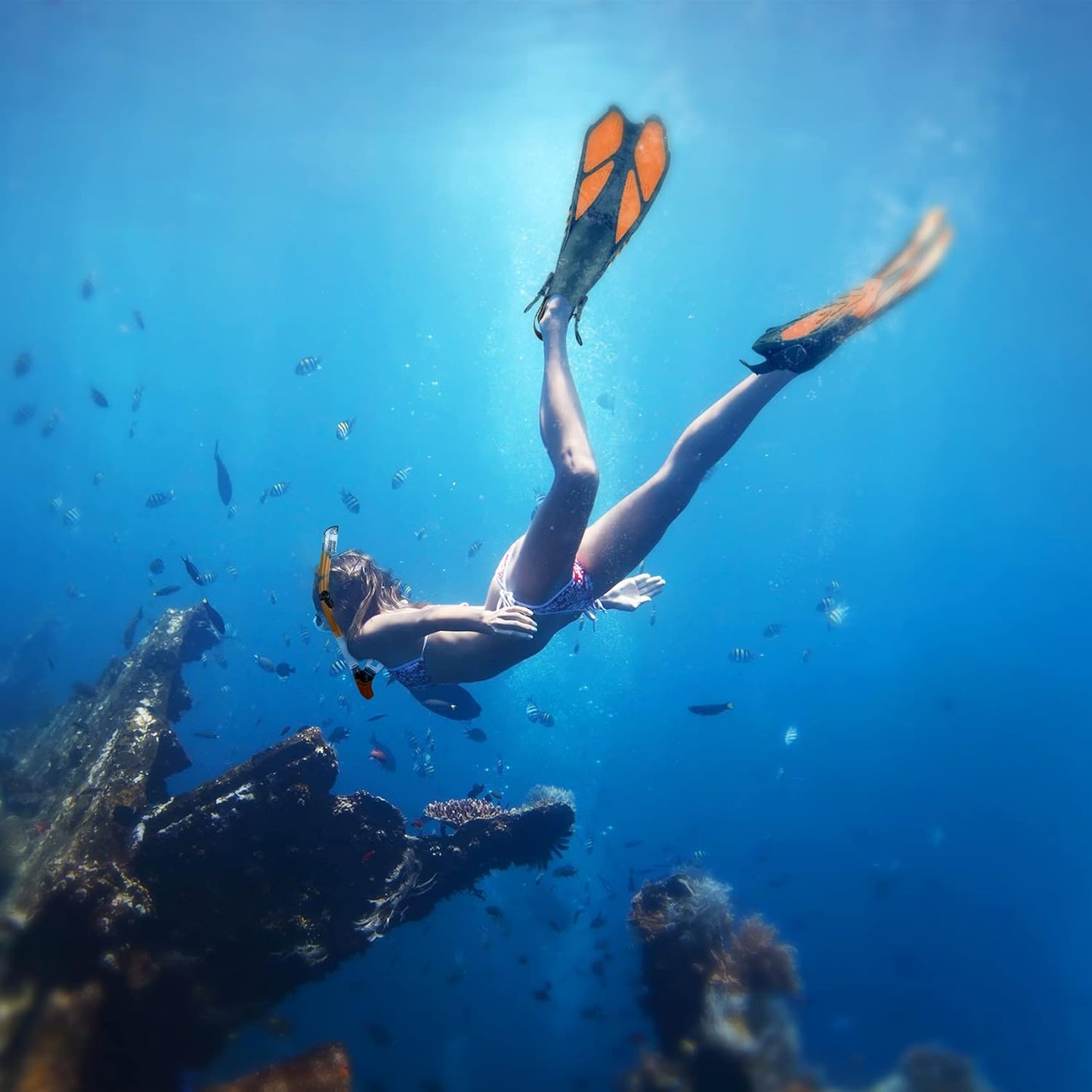 ZEEPORTE Mask Fin Snorkel Set, Travel Size Snorkeling Gear for Adults with Panoramic View Anti-Fog Mask, Trek Fins, Dry Top Snorkel and Gear Bag for Swimming Training, Snorkeling Kit Diving Packages