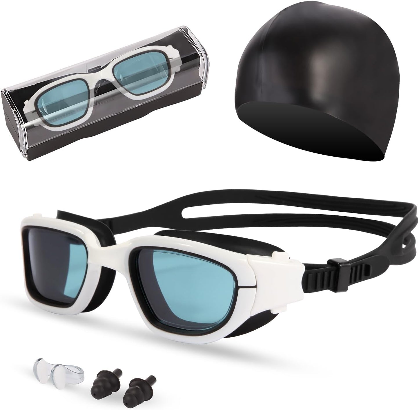 Swim Goggles, Goggles Adult with Swimming Cap, Nose Clip & Ear Plugs, UV Protection Anti-Fog Lens and Case for Adult