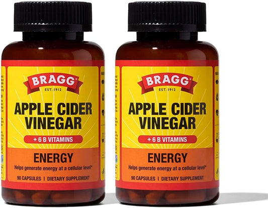 Bragg Energy Apple Cider Vinegar Capsules with B-12 Vitamins - 90 Capsules (2 Pack) – Weight Management - Non-GMO, Vegan, Gluten Free - Helps Generate Energy at Cellular Level for Men and Women