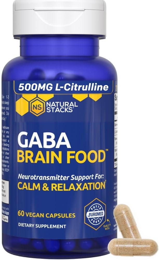 GABA Brain Food - GABA Supplement with L-Citrulline & Grape Seed Extract - Supports Calm & Relaxation - Nighttime Sleep Aid - Supports Production of Gamma Aminobutyric Acid - 60 L-Citrulline Capsules