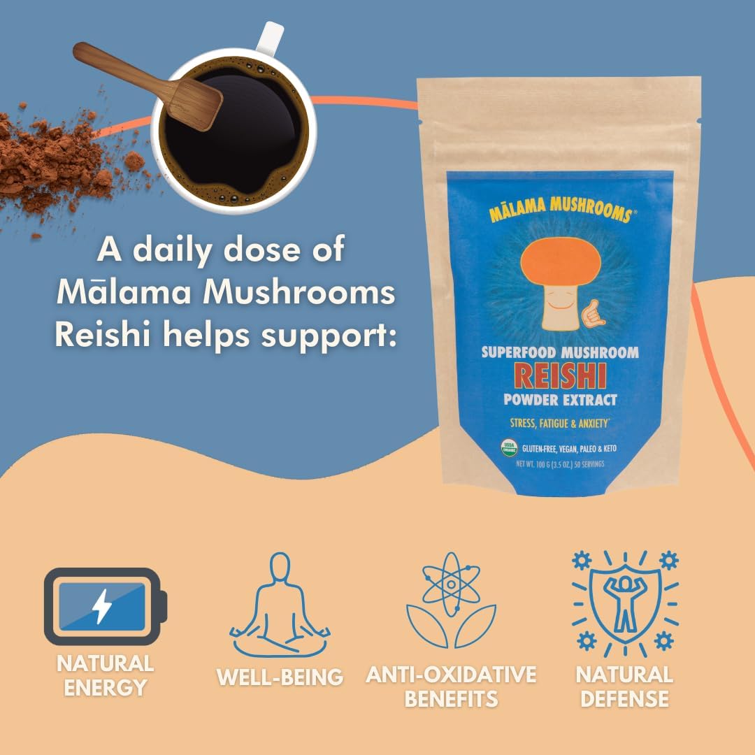 Malama Organic Reishi Mushroom Powder, Pure Fruiting Body Extract, Adaptogenic Superfood for Immune Support and Wellness, 100 Servings