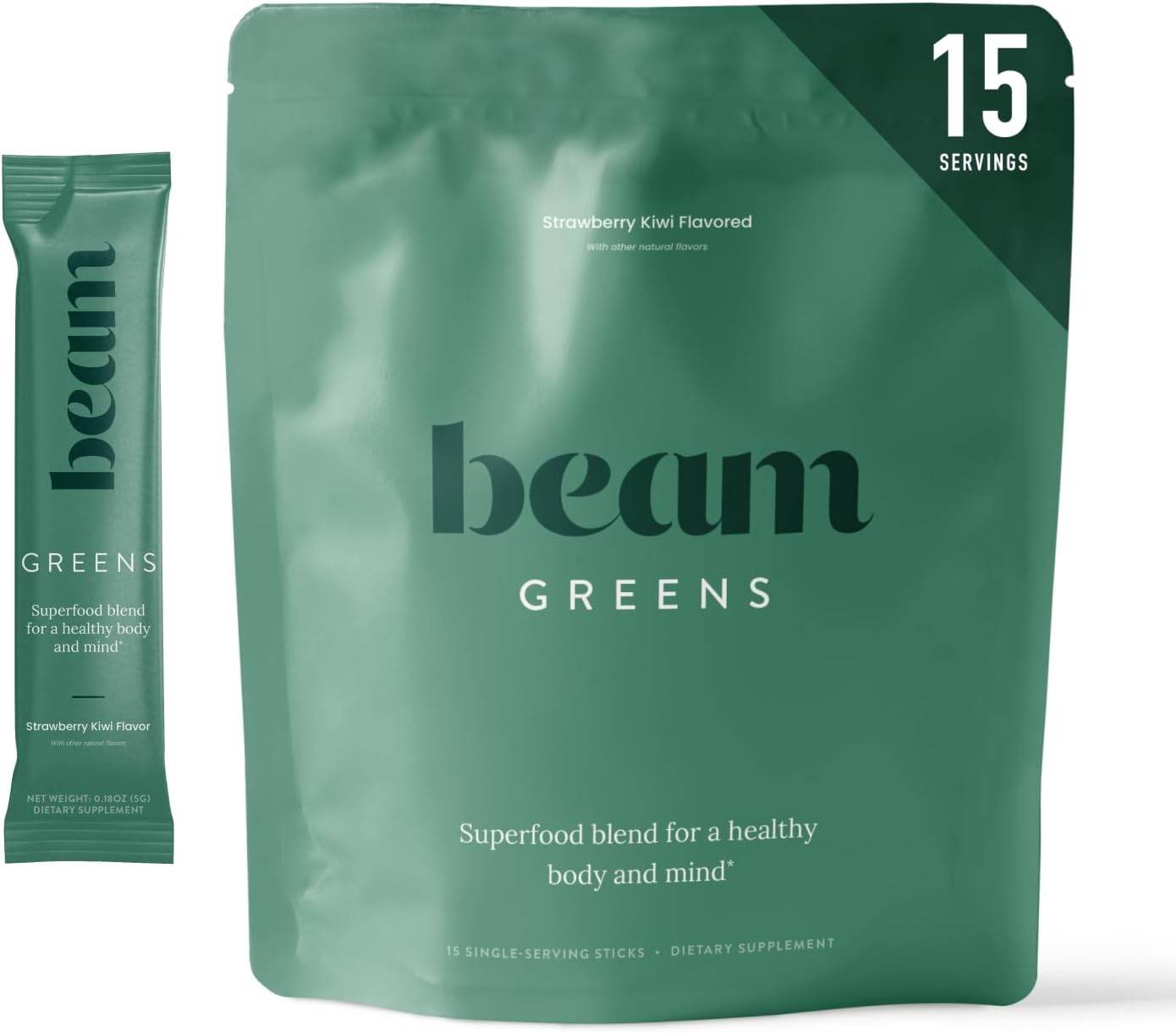 Beam Greens Powder, Superfood Supplement for Gut Health, Vegan Organic Blend with Ashwagandha, Vitamin C, B12, B6, D, Non-GMO Daily Detox & Immune Support, Strawberry Kiwi Flavor, 15 Servings