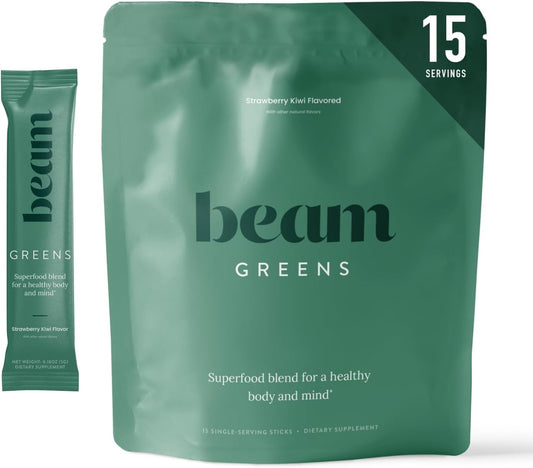 Beam Greens Powder, Superfood Supplement for Gut Health, Vegan Organic Blend with Ashwagandha, Vitamin C, B12, B6, D, Non-GMO Daily Detox & Immune Support, Strawberry Kiwi Flavor, 15 Servings