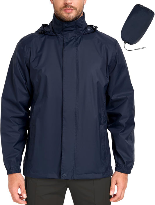MANSDOUR Men's Packable Rain Jacket Waterproof Lightweight Windbreaker Cycling Golf Hiking Reflective Raincoat with Hood