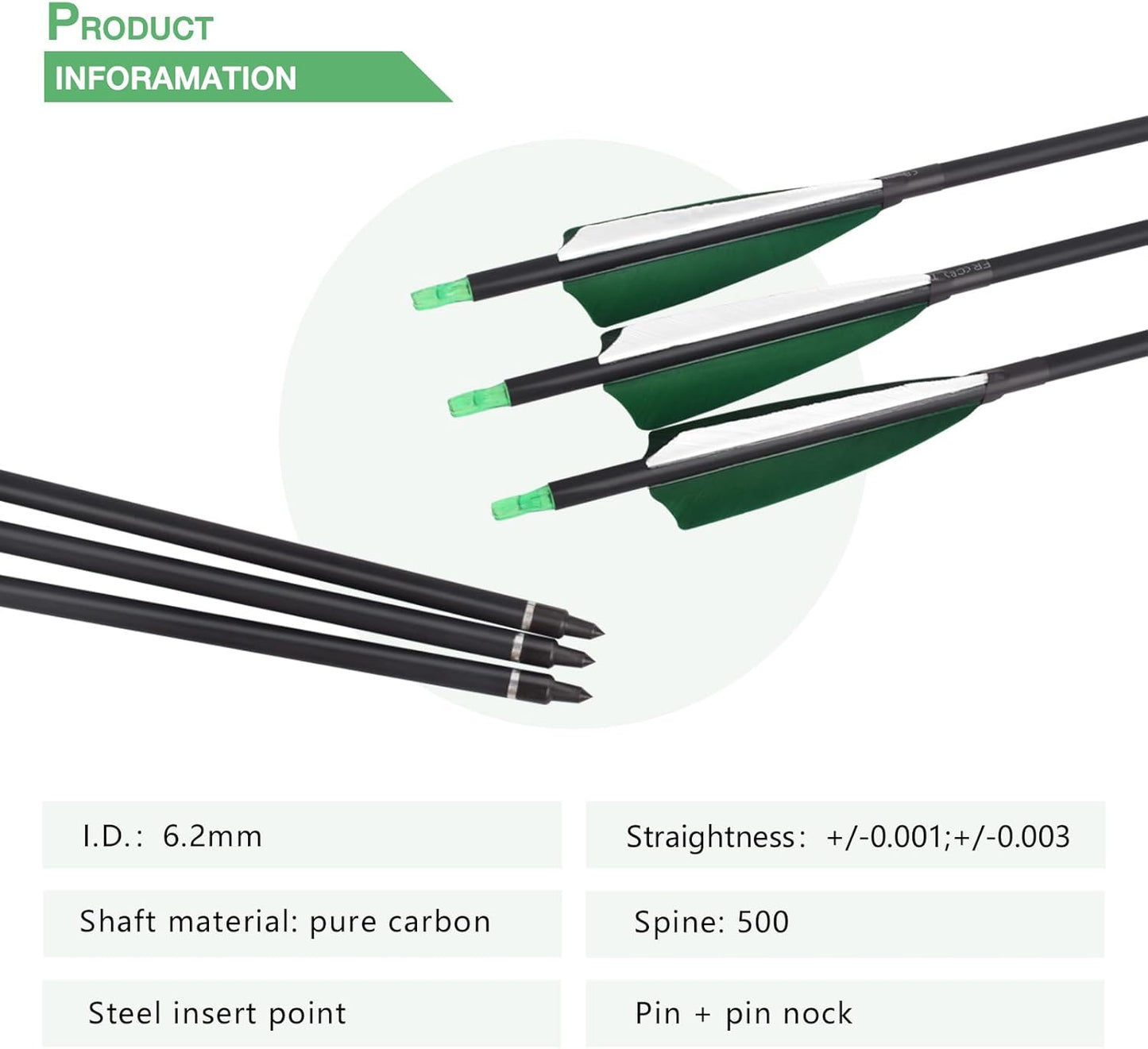 YLS 500 Spine Arrows 30 Inch Carbon Arrows 4" Turkey Feather Archery Target Practice Hunting Arrows with for Recurve Bow Long Bow