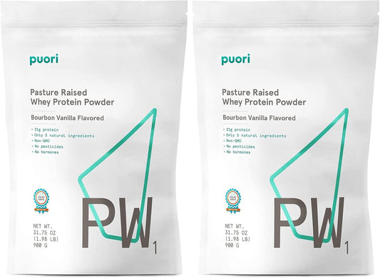 Puori Whey Protein Powder - Bourbon Vanilla - PW1 Pasture Raised, Grass-Fed & Non-GMO - 100% Natural and Pure for Muscle Growth - 21g Protein 1.98lbs, Pack of 2 - Gluten-Free