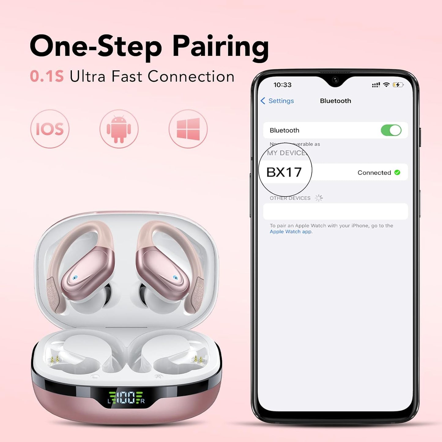 Ear buds Wireless Earbuds Bluetooth 5.3 Headphones 60hrs Playtime with Digital Display Sports Wireless Headphones with Earhook Deep Bass IPX7 Waterproof Over-Ear Earbuds for Android iOS Workout Rose